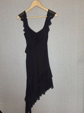 NWOT Mixed Threads Black Mesh Ruffle Asymmetrical Midi Dress Size S Fairy Grunge